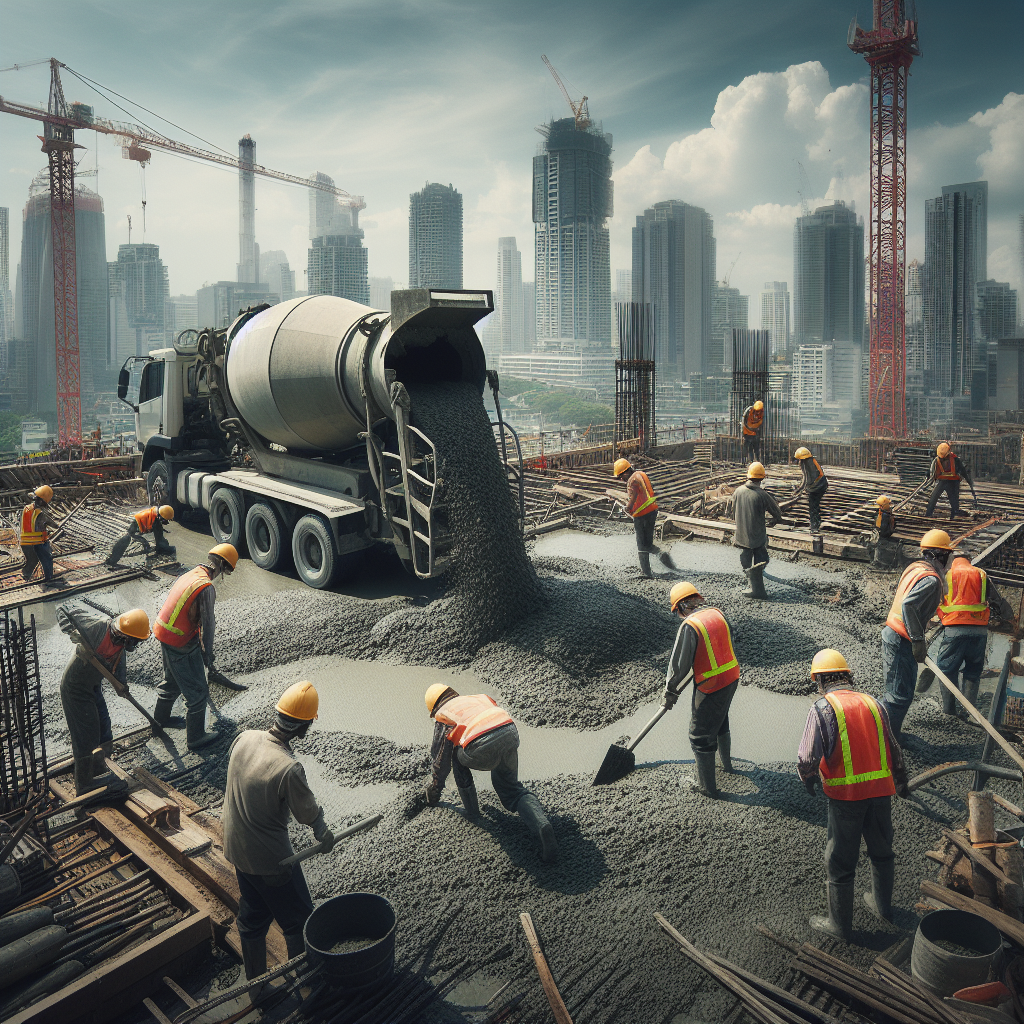 Workers on a building construction site pouring concrete, a bustling scene with workers in hard hats and high-visibility vests, the concrete mixer in motion